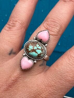 Turquoise and Pink Conch Heart Ring